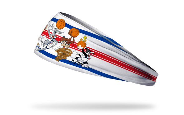 white headband with blue and red varsity stripes and Space Jam Looney Tunes characters in full color