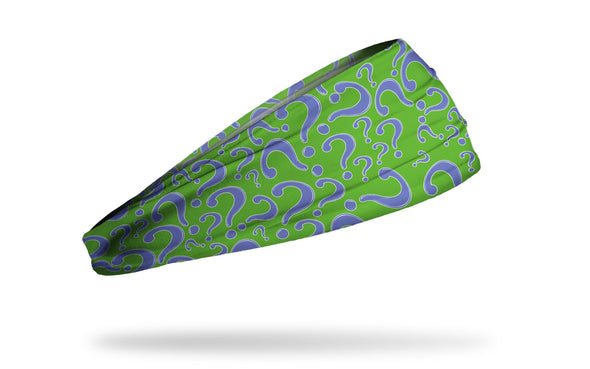 green headband with The Riddler purple question mark logo in random repeating pattern