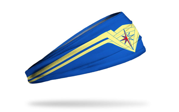 blue headband with Wonder Woman classic crown design in yellow blue and orange