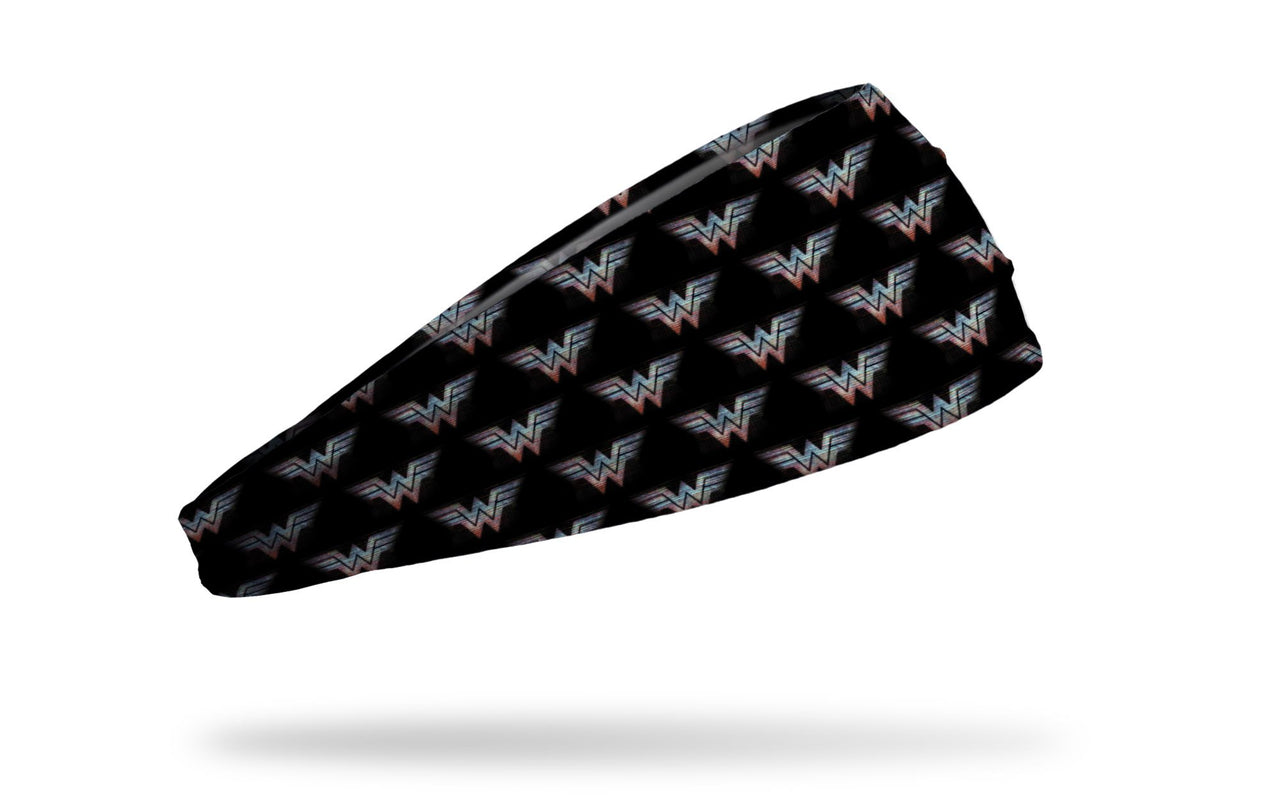 black headband with Wonder Woman WW logo colored like tv static in repeating pattern