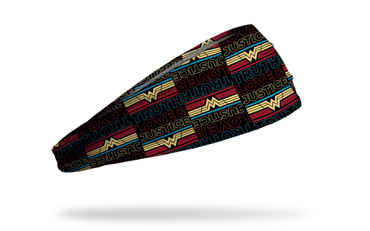 black headband with Wonder Woman classic WW full logo and Truth Love and Justice wordmark in repeating pattern