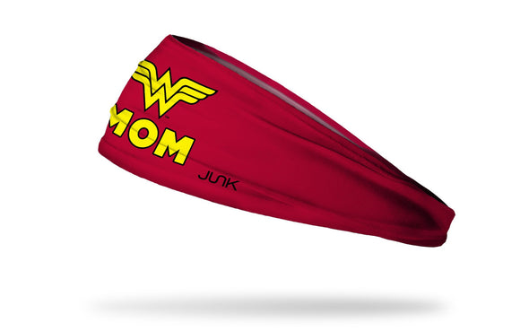 red headband with DC Comics Wonder Woman logo above mom wordmark in yellow