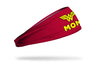 red headband with DC Comics Wonder Woman logo above mom wordmark in yellow