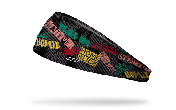 90's themed black headband with repeating pattern of 90's sayings homie whatever