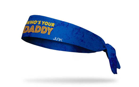 blue headband with grunge overlay and Who's Your Daddy wordmark in yellow and orange
