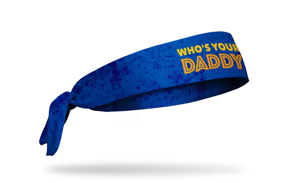 blue headband with grunge overlay and Who's Your Daddy wordmark in yellow and orange