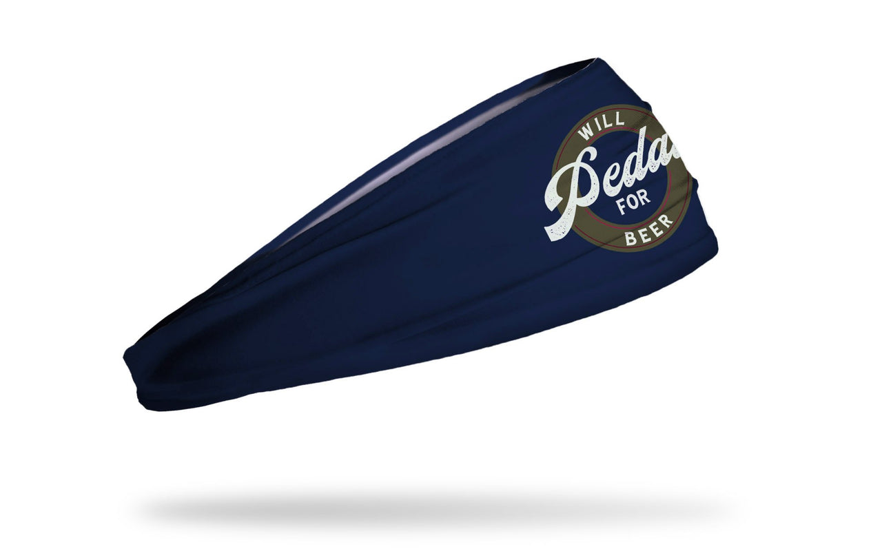 navy headband with circular wordmark in gold and white that reads Will Pedal for Beer