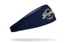 navy headband with circular wordmark in gold and white that reads Will Pedal for Beer