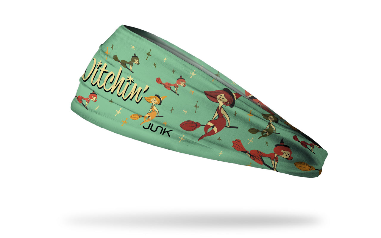 light green headband with pattern of colorful classic witches and Witchin' wordmark
