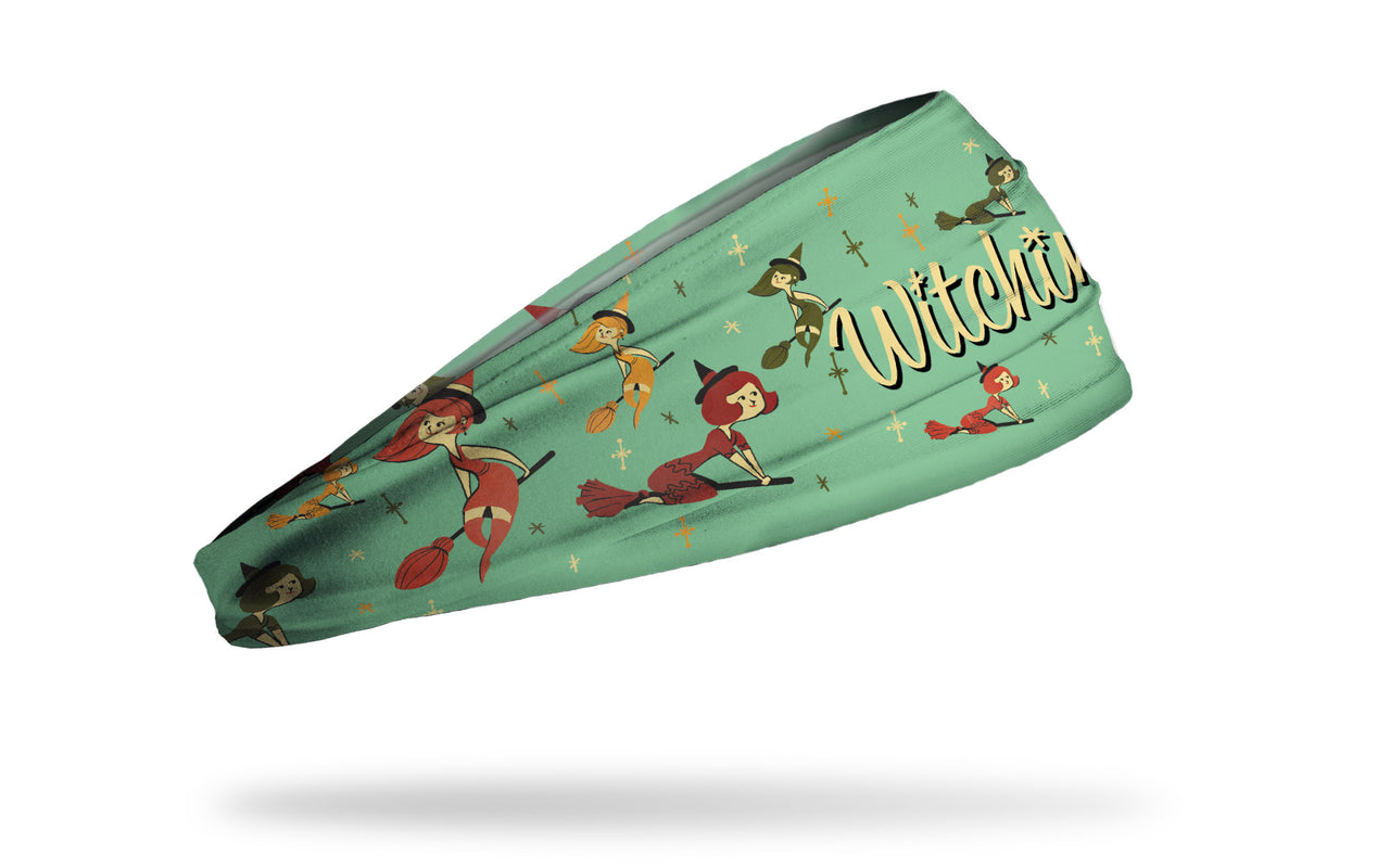 light green headband with pattern of colorful classic witches and Witchin' wordmark